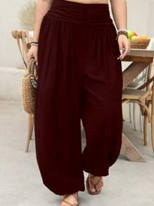 EMERY ROSE Plus Size Women Holiday Solid Color Waist Pleated Harem Casual Pants | SHEIN