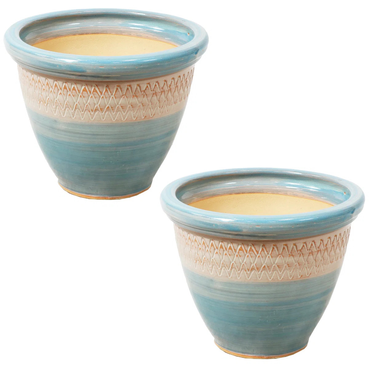 Chanze Indoor/Outdoor Planter - 12" x 12" x 10" Round Ceramic Planter 2-Count - Blue/Beige | Wayfair North America