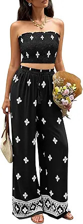 PRETTYGARDEN 2 Piece Sets for Women Summer 2026 Travel Outfits Print Tube Tops Wide Leg Pants Bea... | Amazon (US)