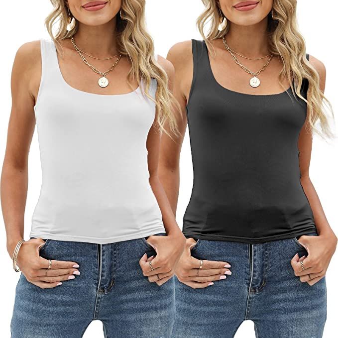 Amilia Women's 2-Pack Basic Solid Square Neck Sleeveless Double Layer Crop Tank Tops Undershirt C... | Amazon (US)