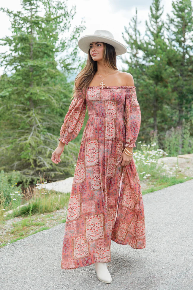 Sounds In My Mind Brick Off The Shoulder Printed Maxi Dress | Pink Lily