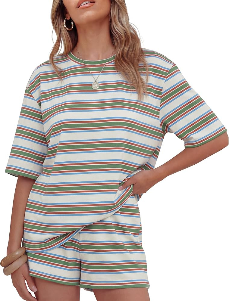 ZESICA Womens Summer 2 Piece Short Sets Striped Loose Fit Matching Lounge Airport Travel Workout ... | Amazon (US)