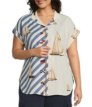 Lauren Ralph Lauren Plus Size Crepe de Chine Striped Sailboat Print Button-Front Shirt - 2X | Dillard's