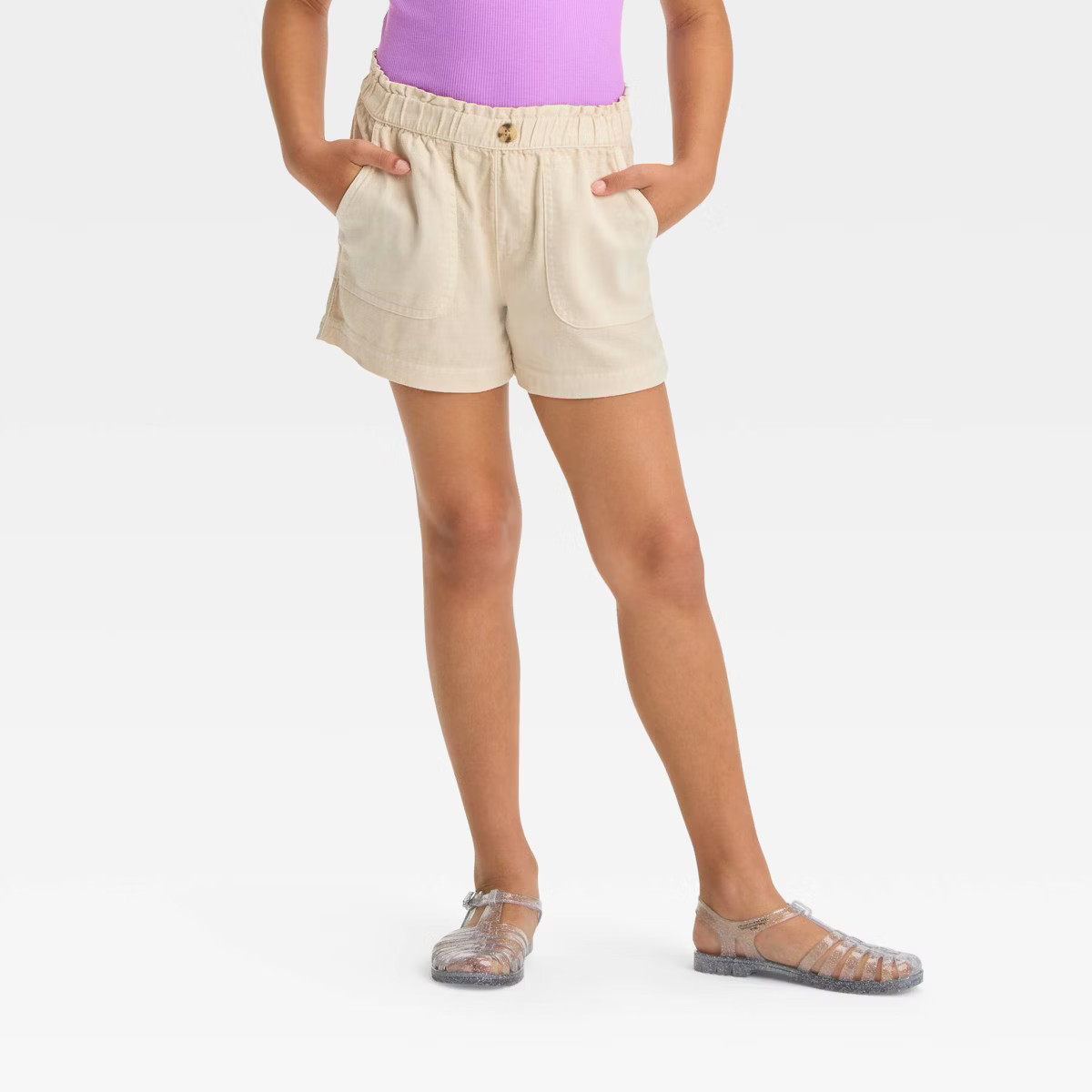 Girls' Pull-On Paper Bag Waist Woven Shorts - Cat & Jack™ Beige XS | Target