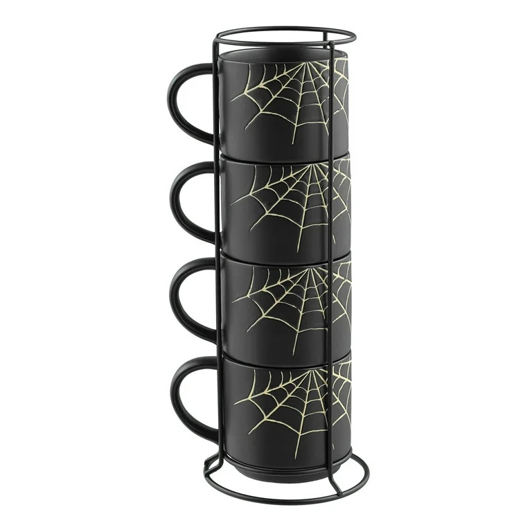 Way to Celebrate 4-Piece 12-Oz Black Spider Web Glazed Ceramic Stacking Mug Set with Metal Rack | Walmart (US)