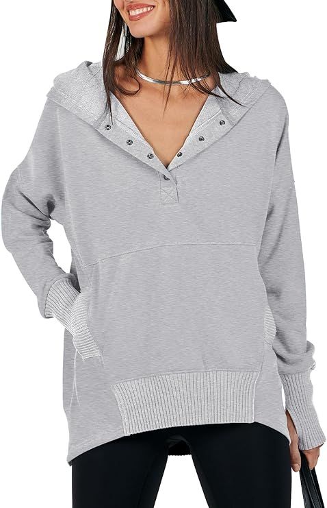 ANRABESS Women Casual Button V Neck Hoodies Oversized Pullover Sweatshirt Hooded Sweater Tops wit... | Amazon (US)