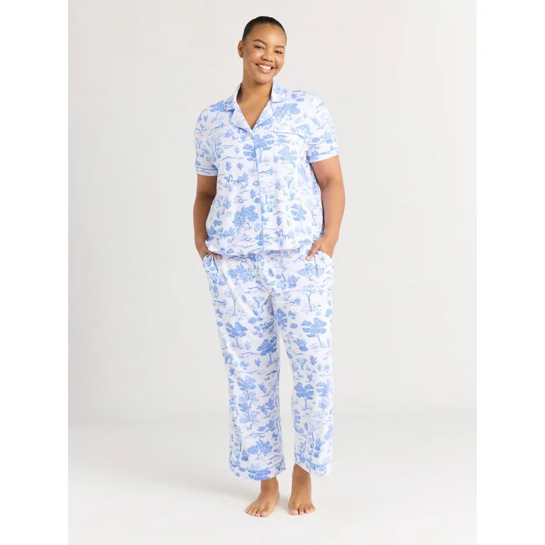 Joyspun Women's Short Sleeve Notch Collar Knit Top & Capri Pajama Set, 2-Piece, Sizes XS-3X | Walmart (US)
