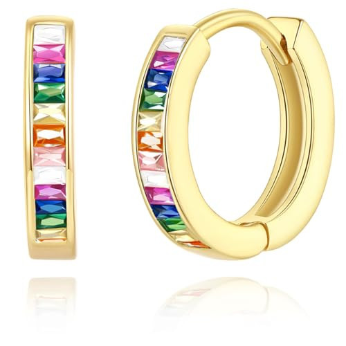 GLOQUAT Colorful CZ Huggie Earrings 14K Gold Plated Rinbow Hoops for Women S925 Silver Post Vintage Cubic Zirconia Round Circle Bright Multi-colored Hoops for Women Girl Trendy Winter Jewelry 10mm | Amazon (US)