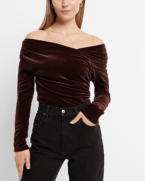 Body Contour Velvet Off The Shoulder Asymmetrical Wrap Thong Bodysuit | Express