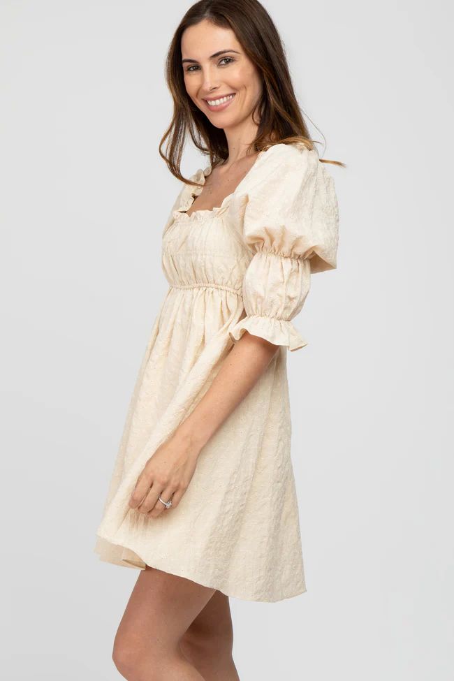 Beige Floral Eyelet 3/4 Puff Sleeve Dress | PinkBlush Maternity