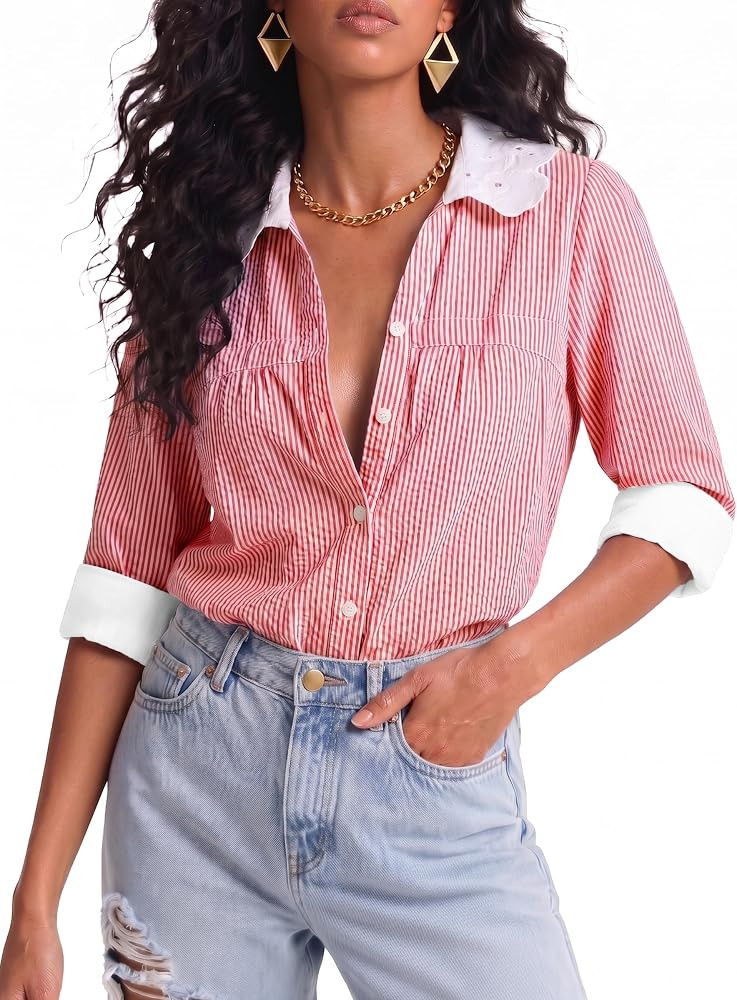 ECOWISH Striped Button Down Shirts for Women Office Business Casual Long Sleeve Tops Collared Wor... | Amazon (US)