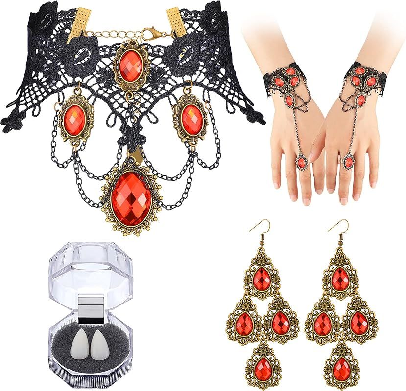6 Piece Halloween Vampire Jewelry Set Gothic Black Choker Lace Necklace Hand Slave Steampunk Bracele | Amazon (US)