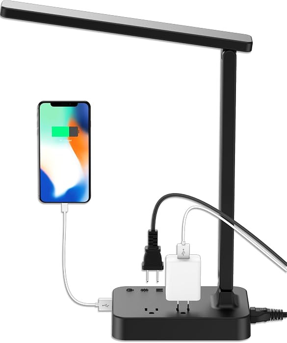 LED Desk Lamp for College Dorm Room, Desk Light with 1 USB Charging Port 2 AC Power Outlet, 3 Lig... | Amazon (US)