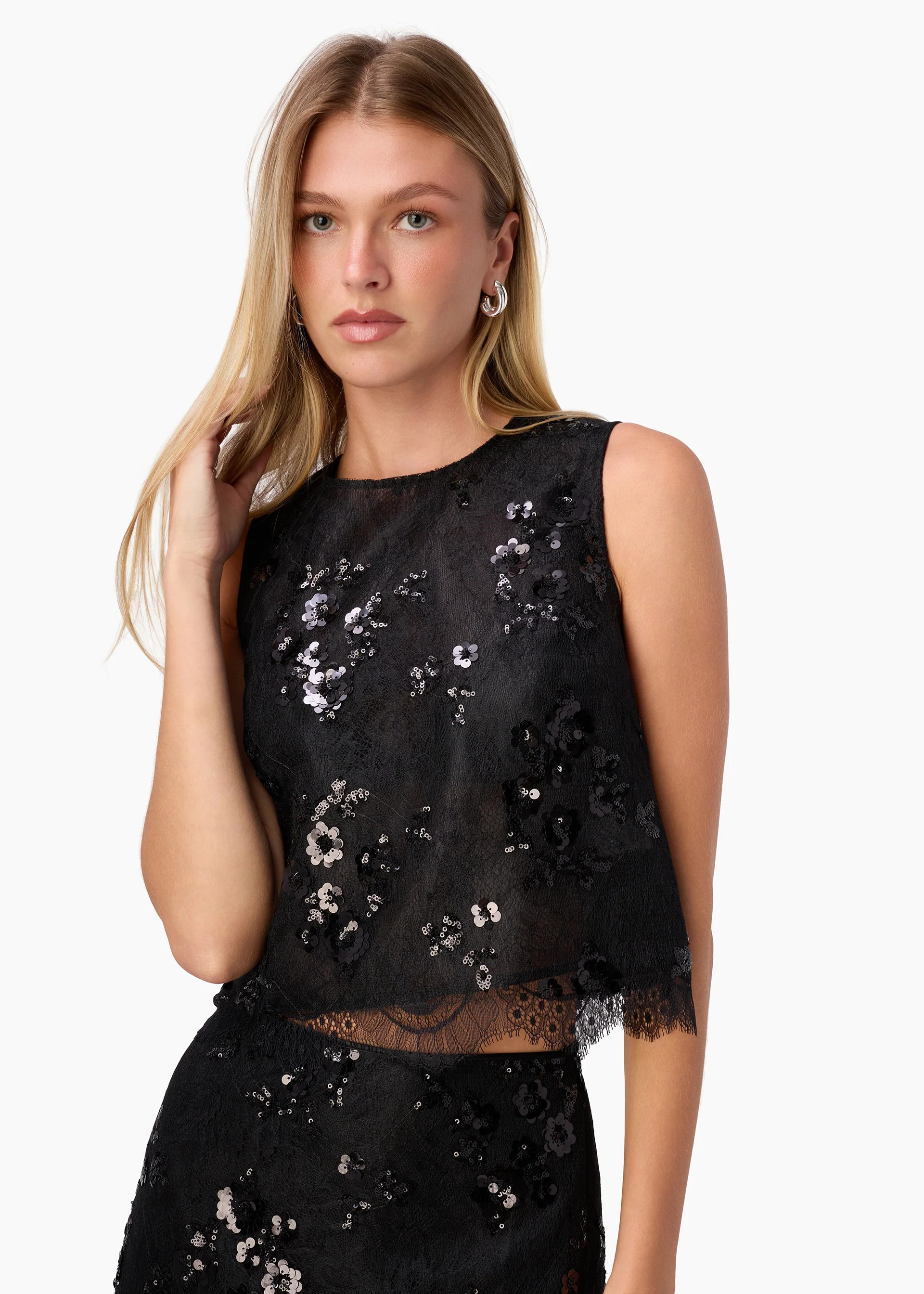 Aracely Sequin Lace Cropped Top Black | CAMI NYC