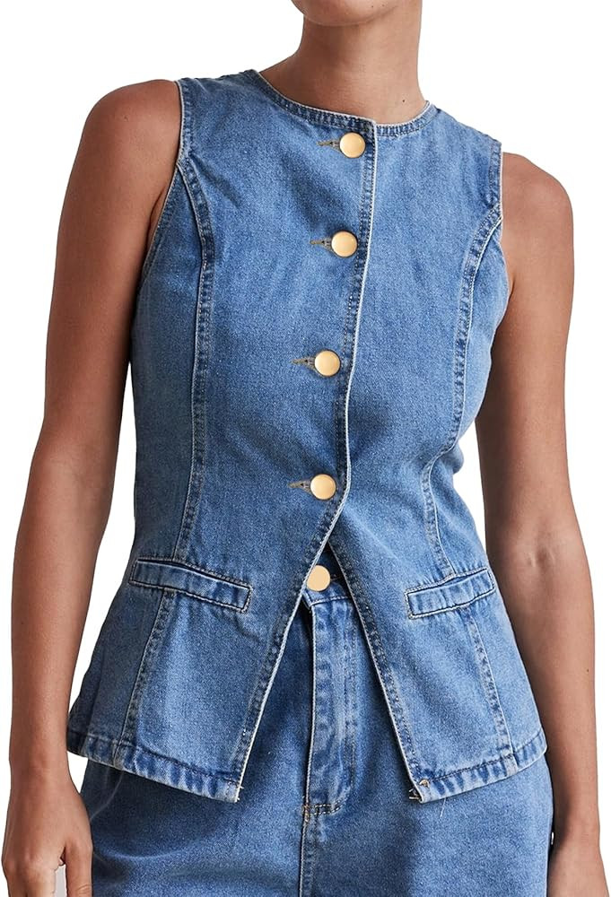 Kedera Women's Button Down Denim Vest Sleeveless Tank Tops Crew Neck Slim Fit Jean Jacket Waistco... | Amazon (US)
