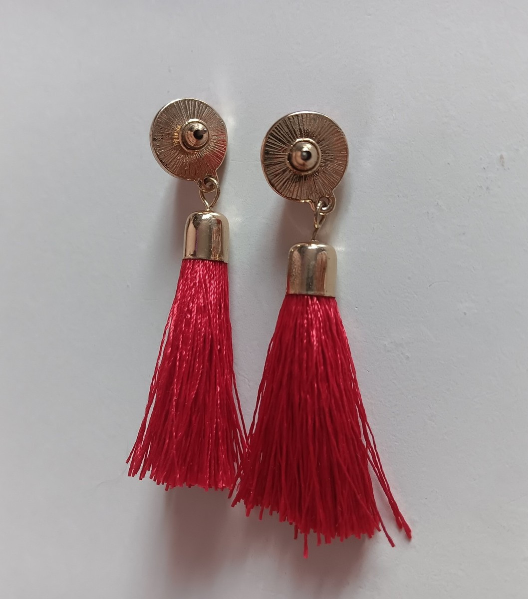 Red Tassel Dangle Drop Gold Tone Earrings | eBay US