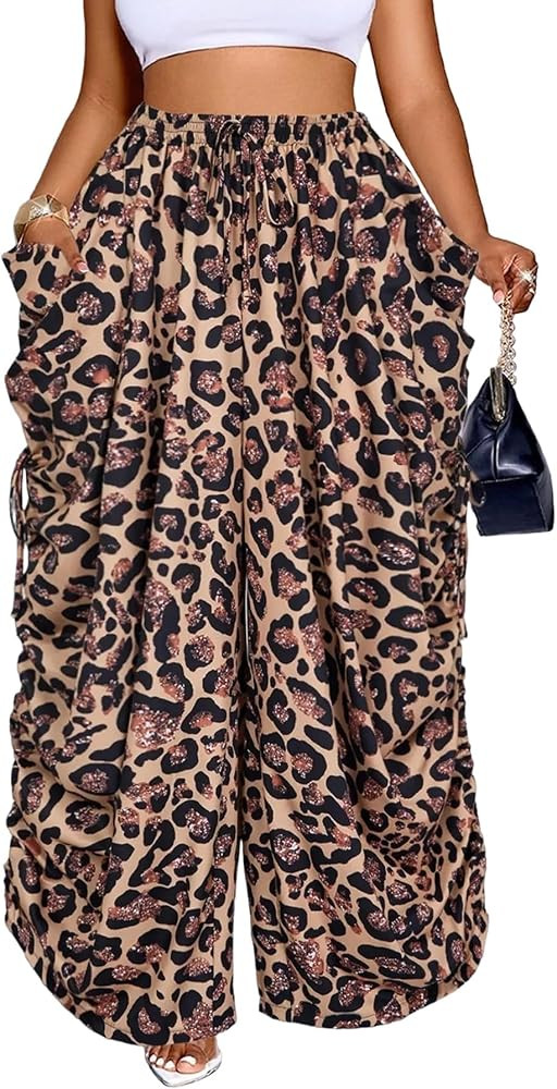 Women's Leopard Print Palazzo Wide Leg Drawstring Harem Pants | Amazon (US)