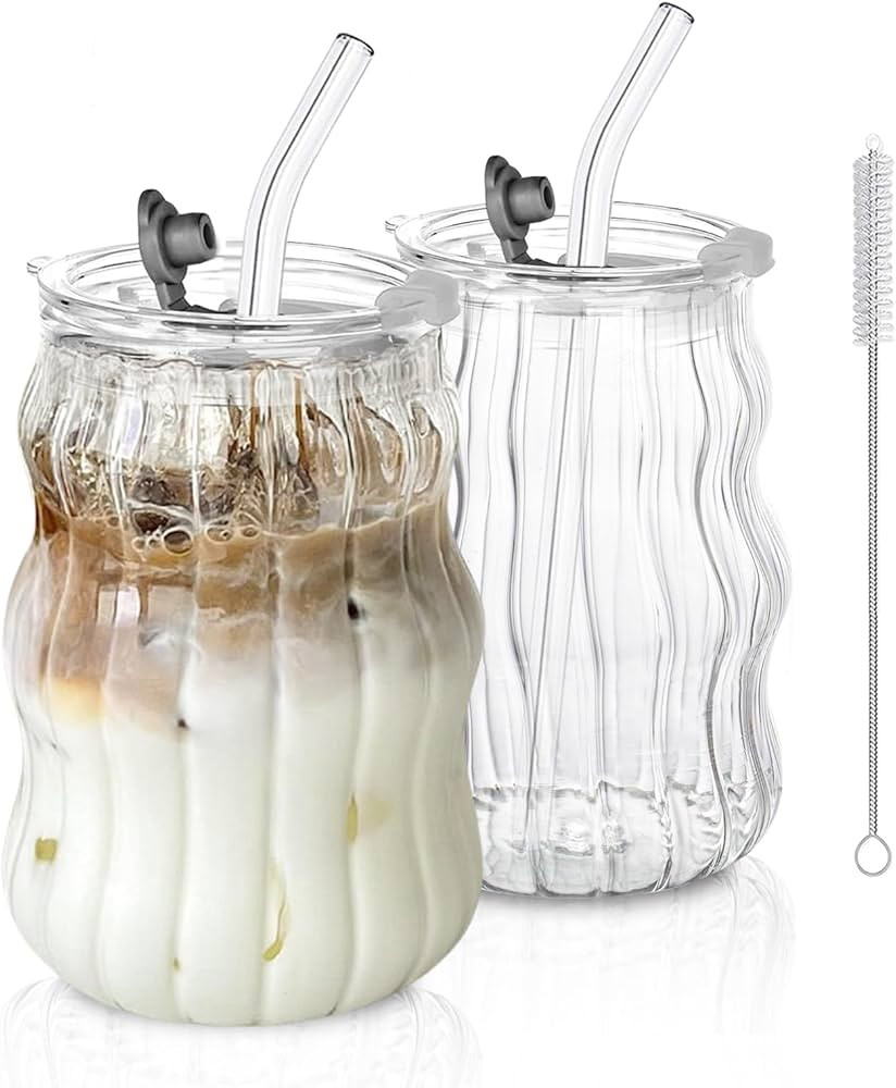 Ribbed Glass Cups with Lids and Straws – Unique Glasses for Iced Coffee, 18oz Vintage Design, I... | Amazon (US)