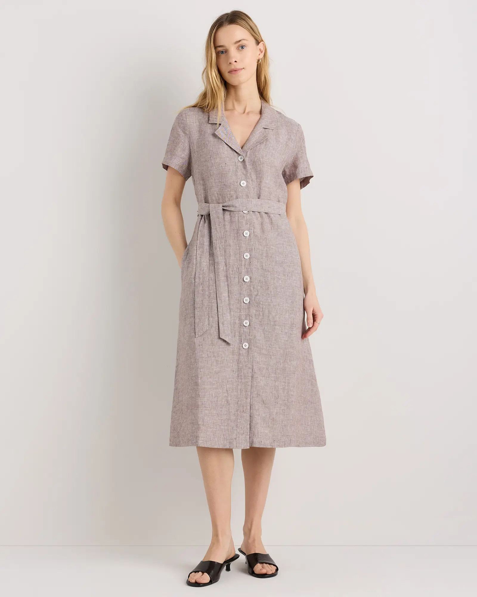 100% European Linen Button Front Dress in Taupe Brown Chambray | Quince
