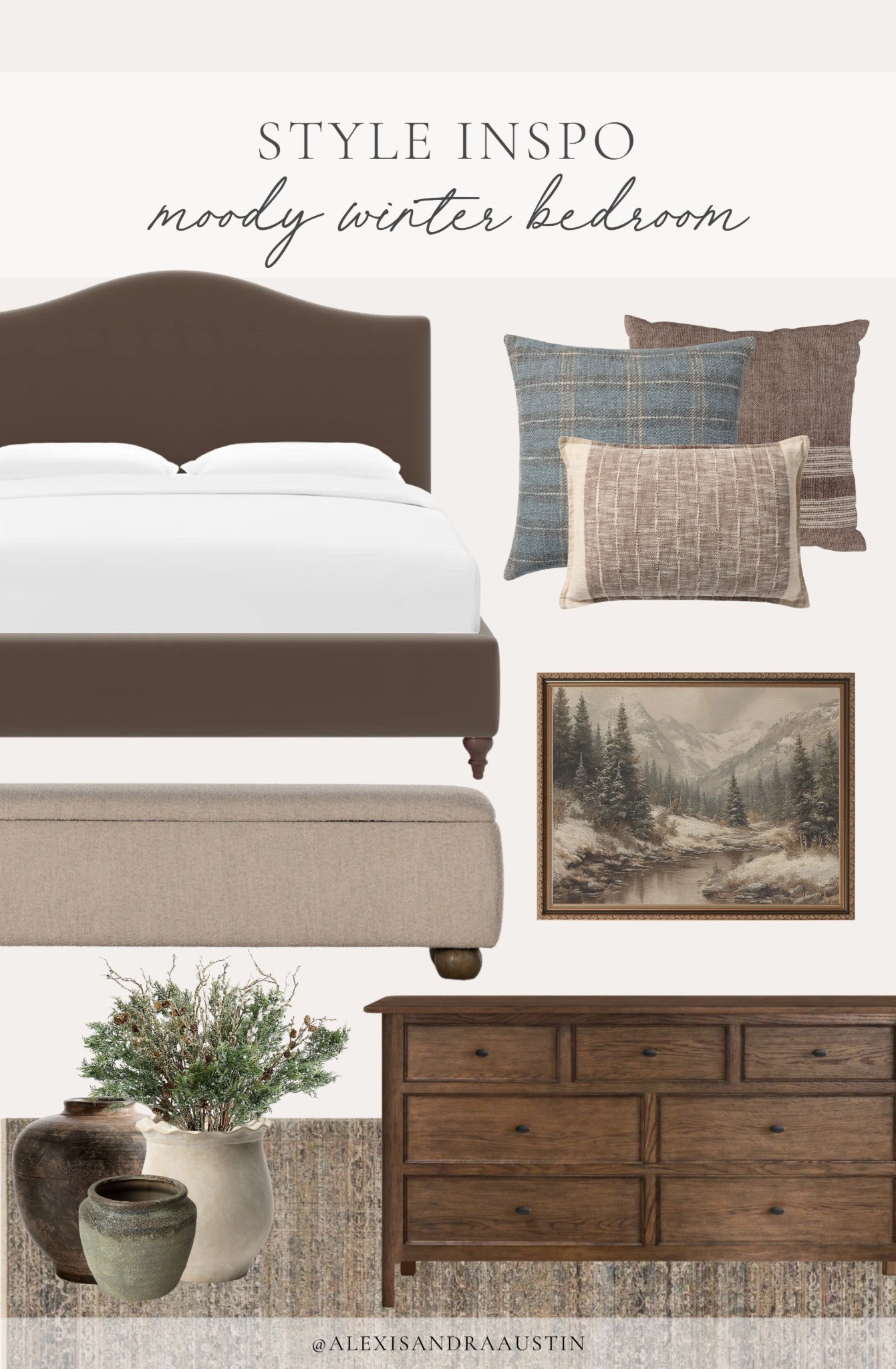 Moody Winter bedroom inspo! Loving the rich tones, combined with a pop of blue and seasonal stems to transition into the new year. 

Home finds, neutral home inspo, furniture favorites, neutral wood tones, upholstered bed, dresser details,  vase favorites, cozy throw pillow, vintage style art, faux florals, vintage style area rug, Wayfair, Etsy, 

#LTKSeasonal #LTKHome #LTKHoliday