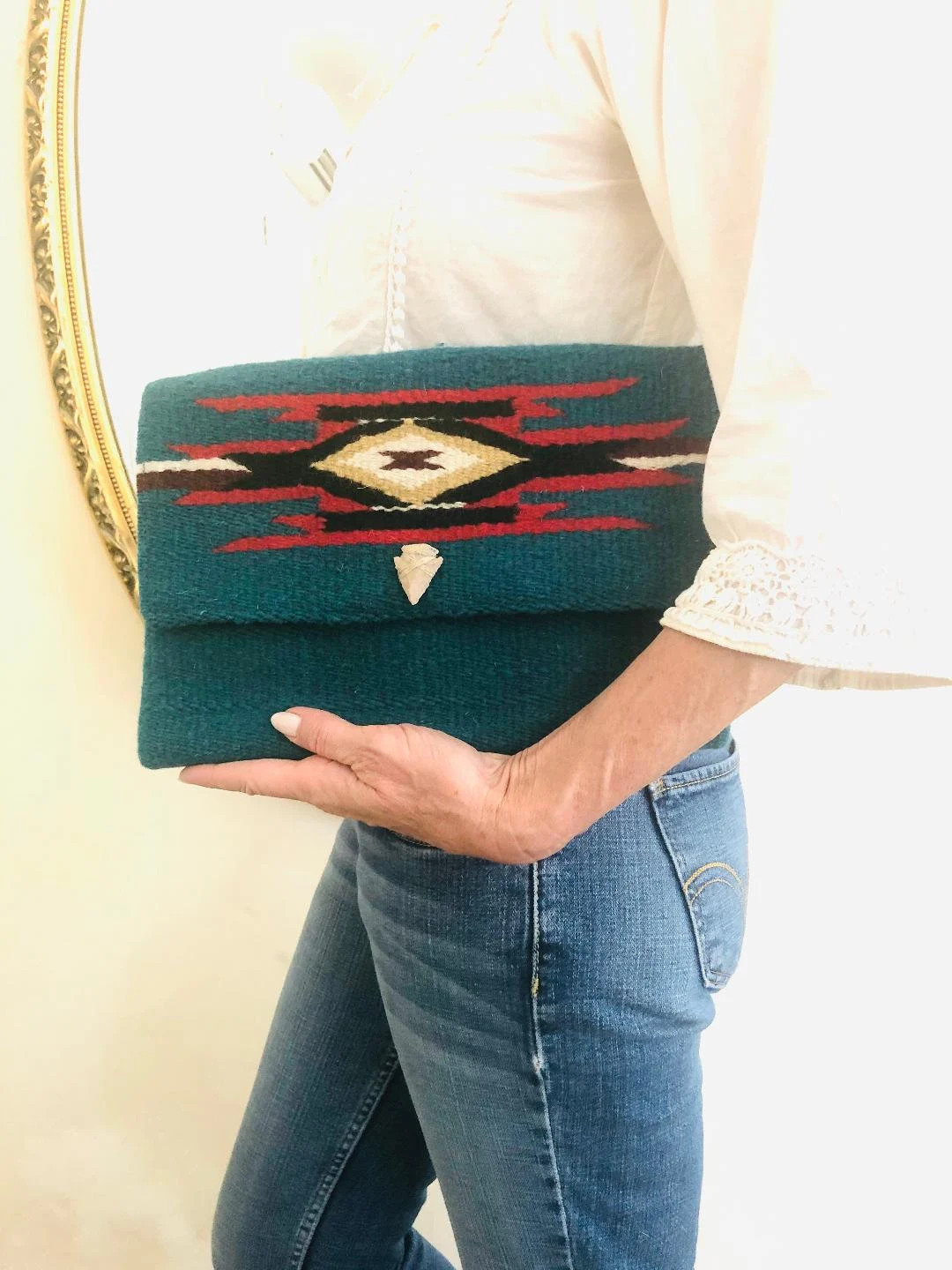 Turquoise wool Clutch purse, South western,Indian,  added vintage Flint stone arrowhead | Etsy (US)