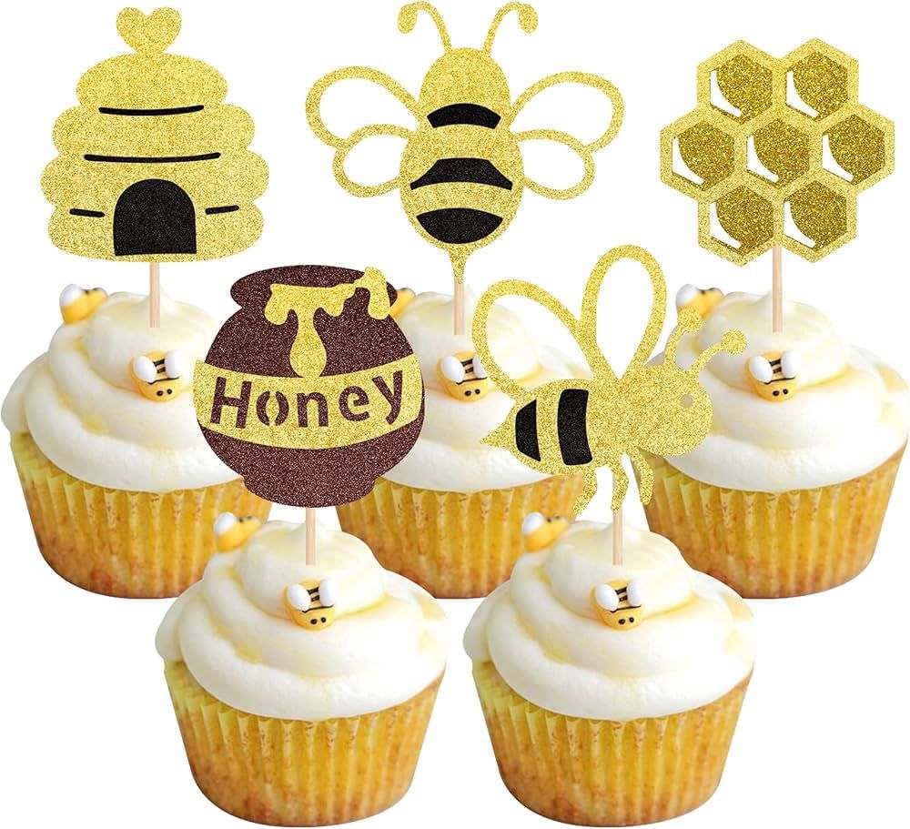 Rsstarxi 30 Pack Bumble Bee Cupcake Toppers Gold Glitter Honeycomb Cupcake Picks Gender Reveal Ca... | Amazon (US)