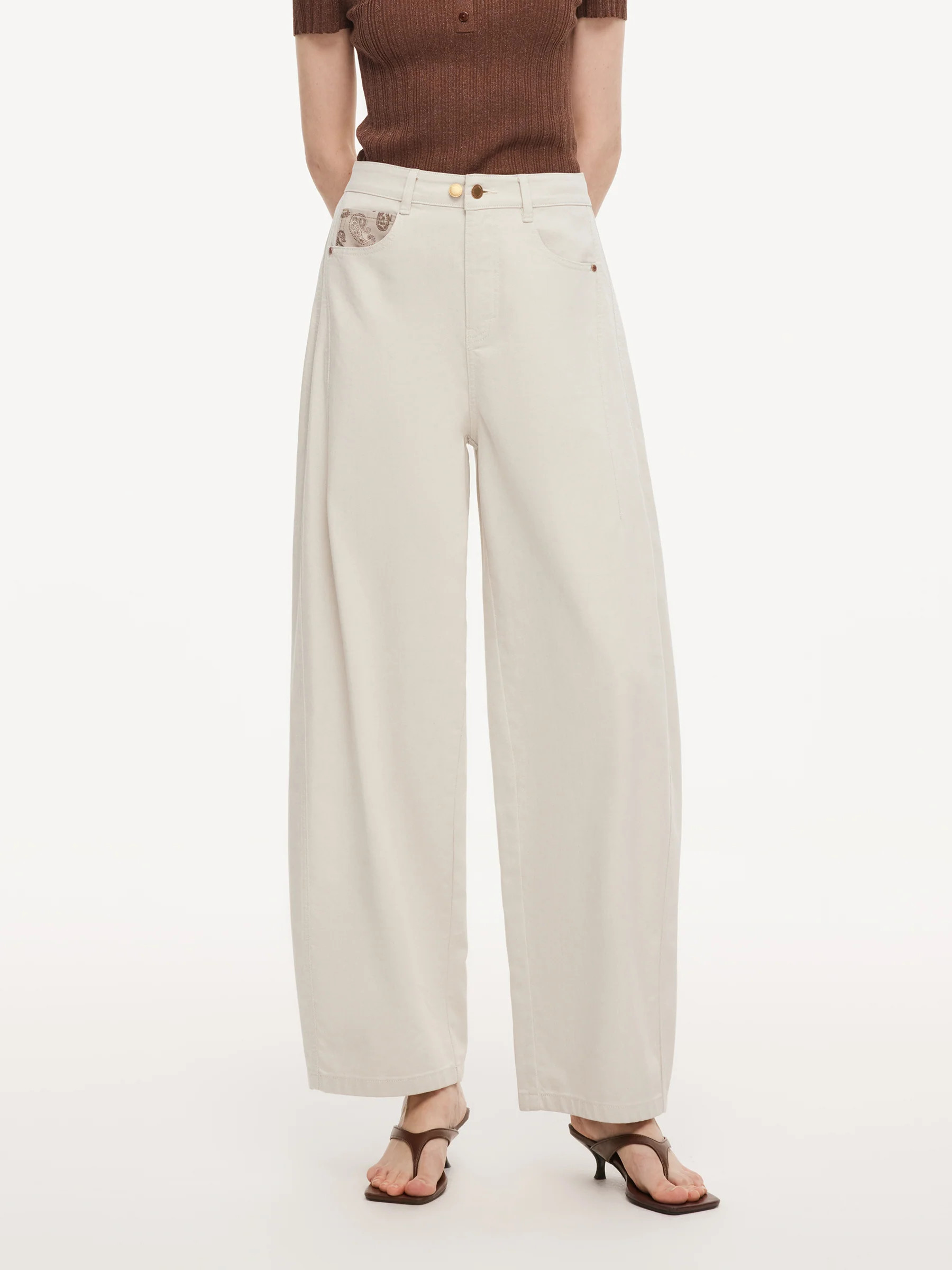 Cotton Denim Paisley-Detail Women Curved Leg Jeans | GOELIA