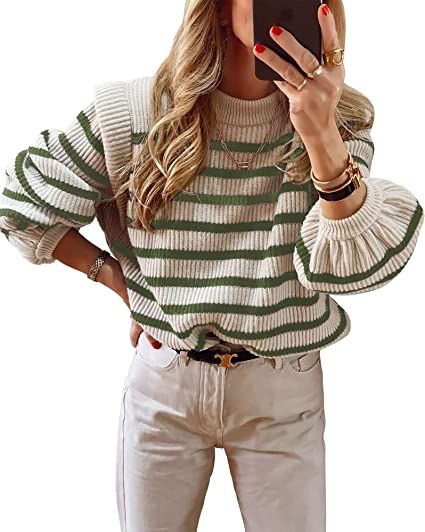 LouKeith Womens Long Sleeve Knit Sweater Crewneck Striped Loose Pullover Tops Lantern Sleeve Casu... | Amazon (US)