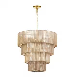 KAWOTI 5-Light Distressed Gold Oversize Pendant Light with Rattan Shade (4-Tiered) 21175 - The Ho... | The Home Depot