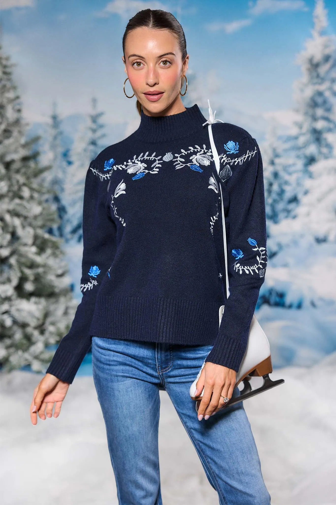 Celia Blue Embroidered Knit Sweater | Avara