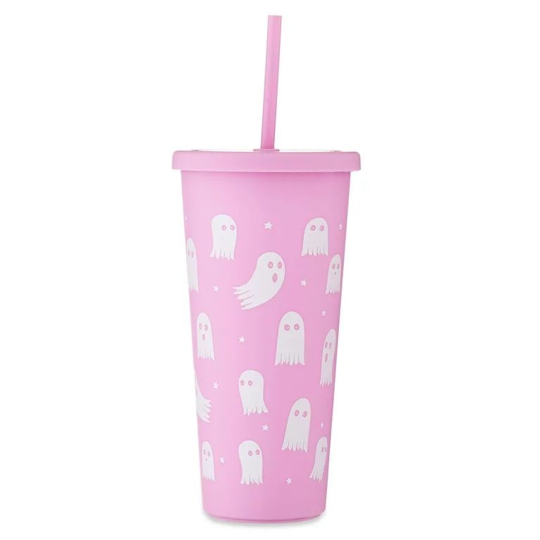 Halloween Pink & White Ghosts Plastic Tumbler with Lid & Straw, 25.3 oz, Partyware, by Way to Cel... | Walmart (US)