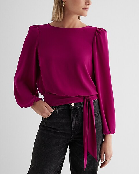 Crew Neck Balloon Sleeve Tie Waist Top | Express