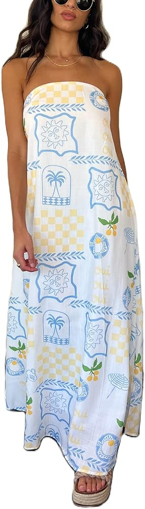 Women Y2k Graphic Strapless Maxi Tube Dress Boho Off Shoulder Backless Long Dress Loose Flowy Sum... | Amazon (US)