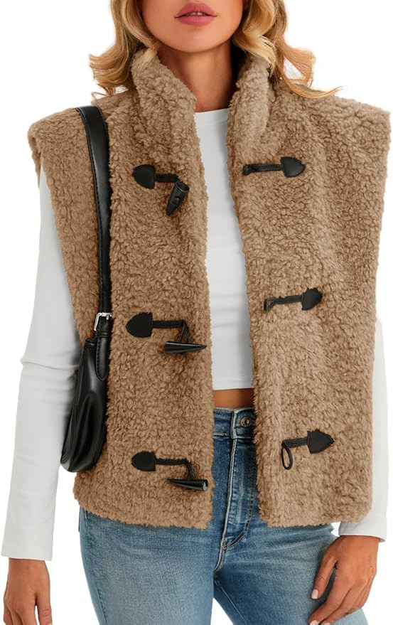 Tanakneo Womens Fuzzy Fleece Vest Cropped Sleeveless Sherpa Jacket Stand Collar Toggle Warm Outer... | Amazon (US)