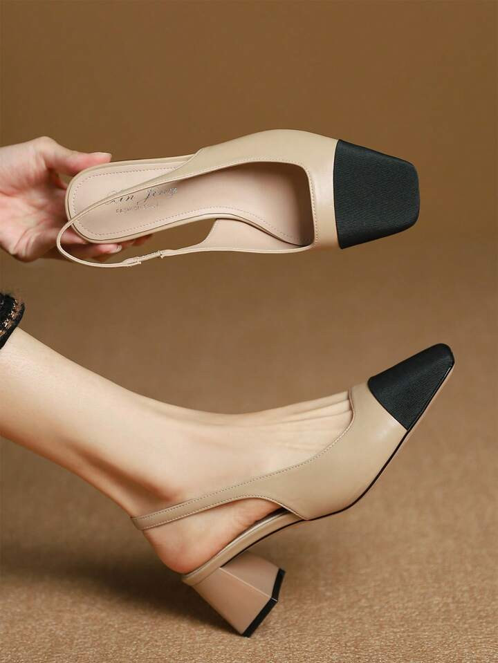 moda Tacones para de dos tonos de punta cuadrada con tacón grueso Zapatos de salón destalonados | SHEIN