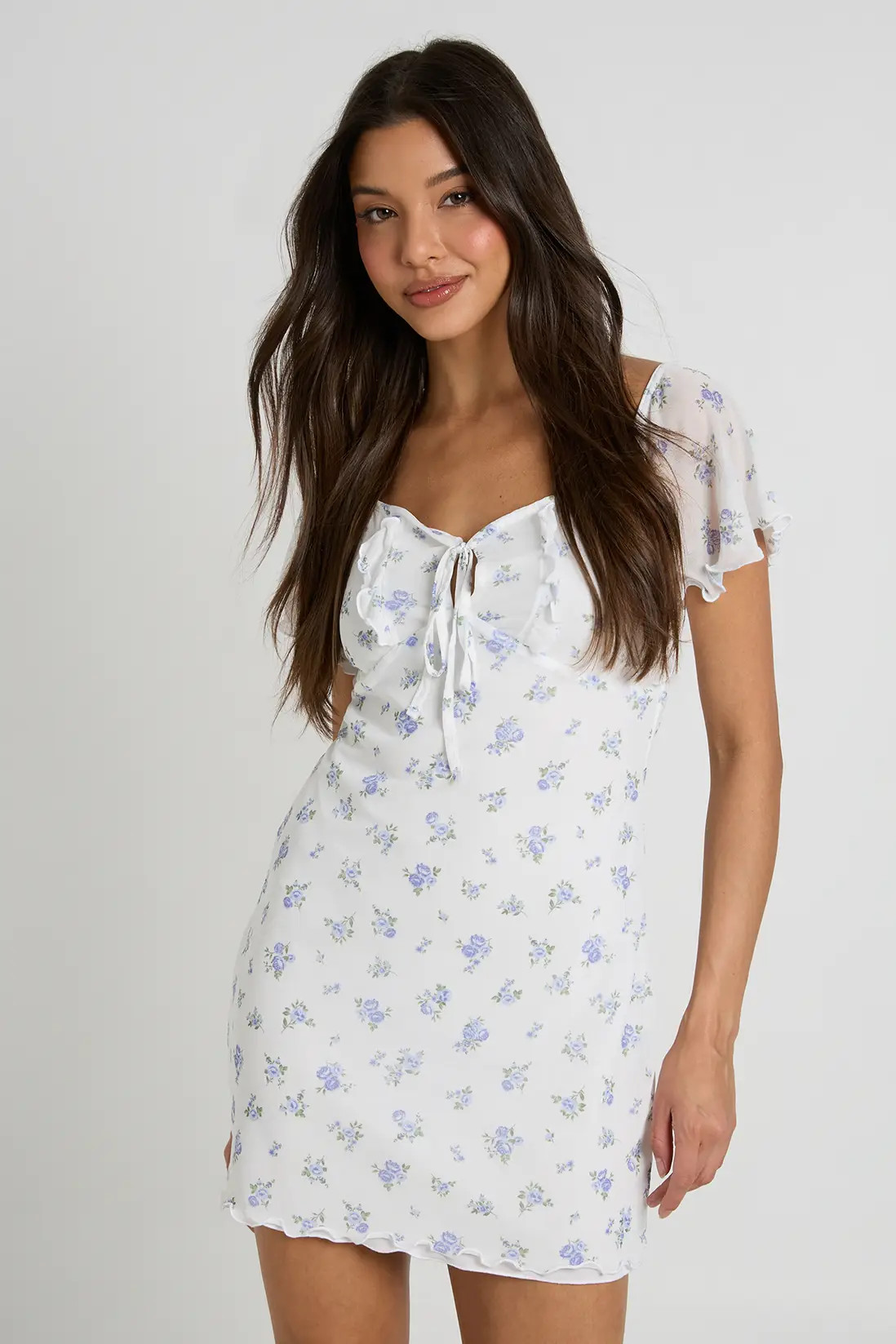 Ivory Ditsy Floral Mesh Angel Sleeve Tie Front Mini Dress | Boohoo USA | boohoo (US & Canada)