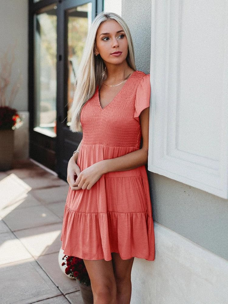 Ephanny Womens Summer Dress Boho Smocked Ruffle Loose Swing Casual Dress Short Sleeve V Neck Sun ... | Amazon (US)