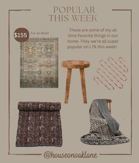 Top sellers this week. Kantha quilts are so popular right now. In love with the burgundy and brown tones in these two quilts. Wood beads, vintage look wood stool from target. And the famous layla rug by loloi is always beautiful and inexpensive rug options 