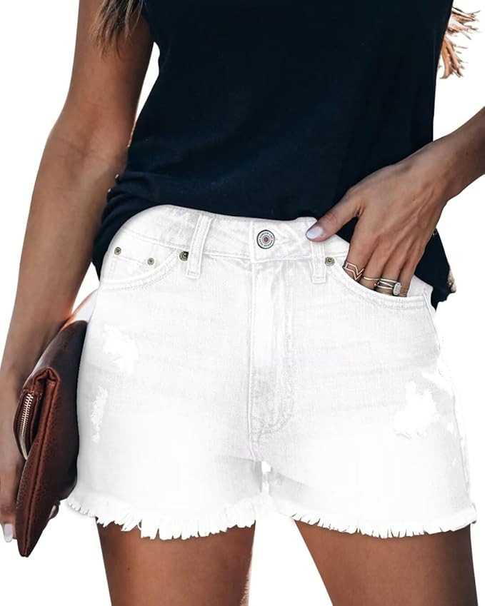 ZOLUCKY Women's Casual Summer Denim Shorts Mid Waisted Stretchy Ripped Jean Shorts with Pockets | Amazon (US)
