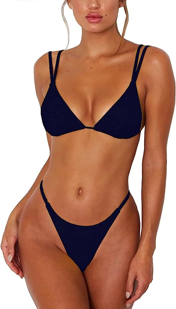 ForBeautyShe Women's Sexy Thong Bottom Two Piece Bikini Double Shoulder Straps Cute Swimsuit Tria... | Amazon (US)