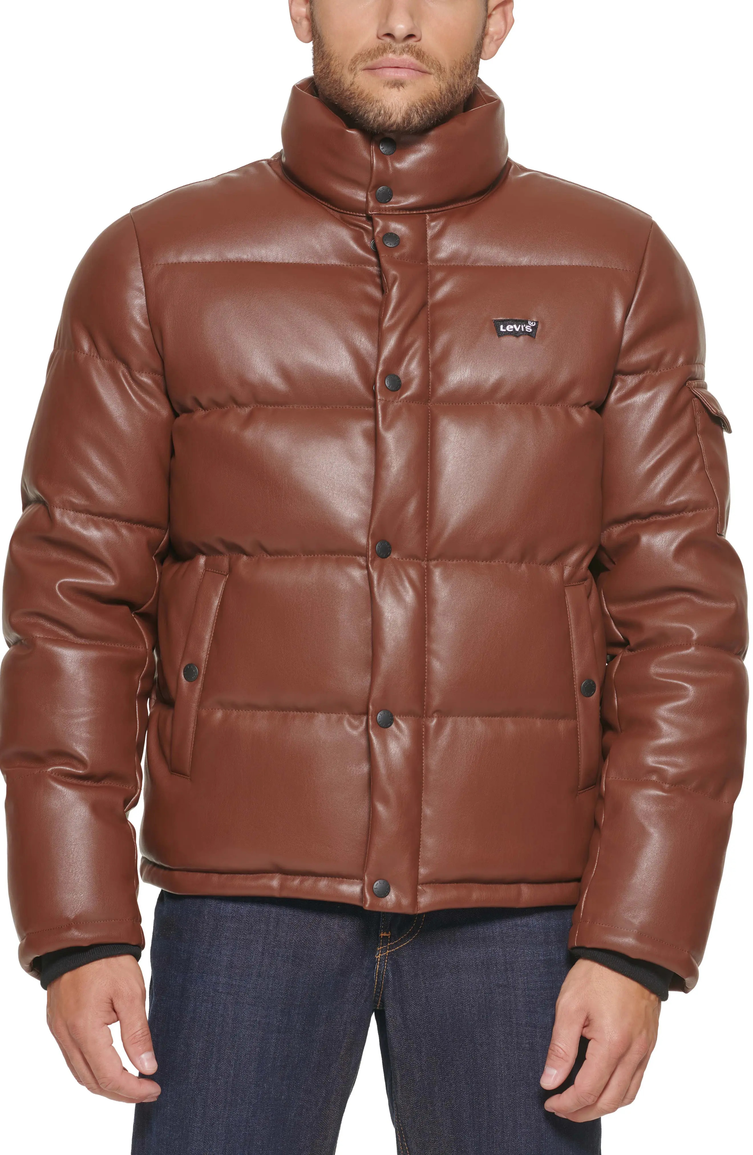 levi's Water Resistant Faux Leather Puffer Jacket in Saddle at Nordstrom, Size Large | Nordstrom