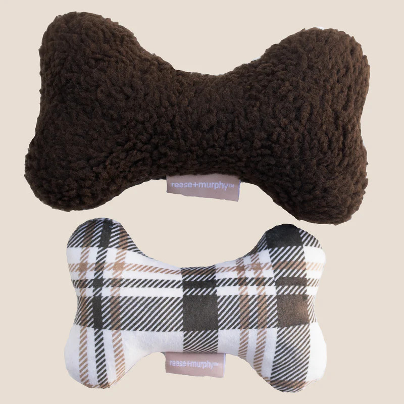 8" Chocolate Sherpa + 6" Brown Plaid Bone Shaped Plush Toy | Reese + Murphy LLC