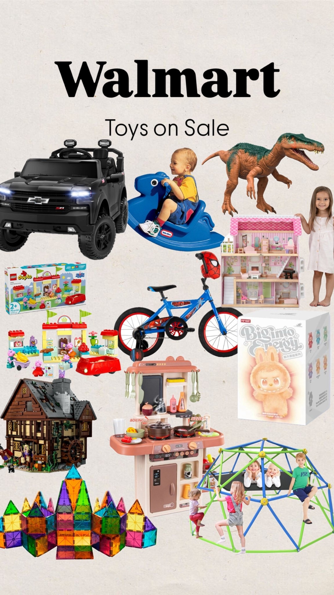 Walmart toys on sale
Dinosaur toy
Toy car
Dollhouse
Spider-Man bike
Peppa pig
Hocus pocus
Legos
Jungle gym
Labubu
Toy kitchen 

#LTKKids #LTKSaleAlert
