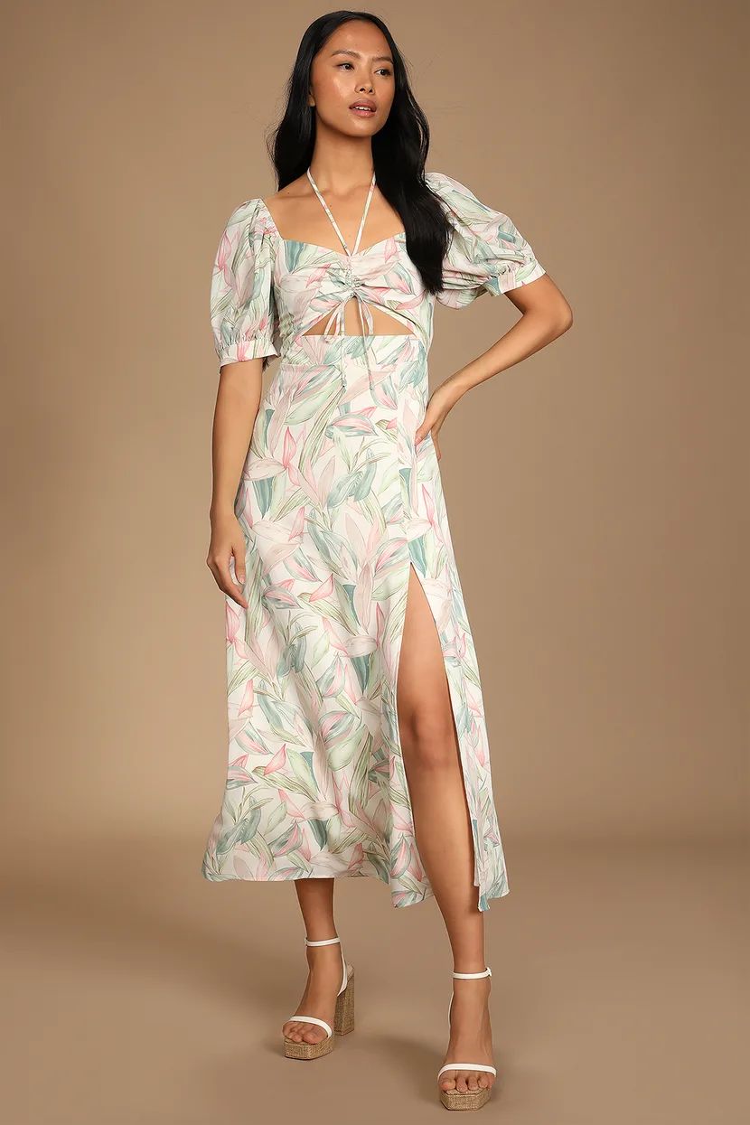 Thriving Moment White Floral Print Puff Sleeve Cutout Midi Dress | Lulus (US)