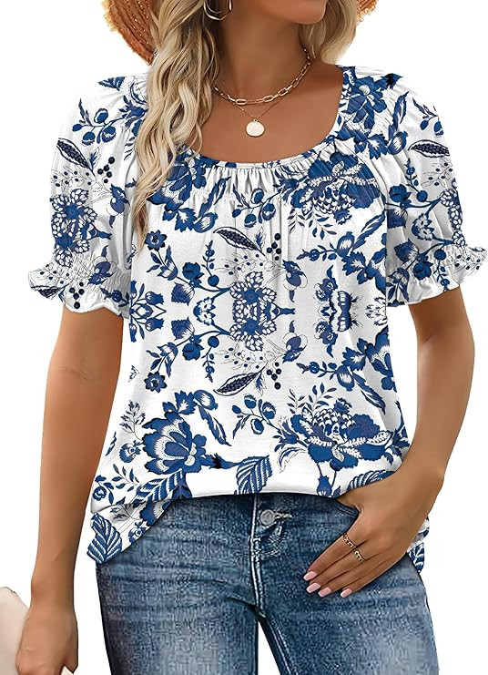 WIHOLL Womens Short Sleeve Square Neck Summer Tops Dressy Casual Blouses Trendy Clothes 2026 | Amazon (US)