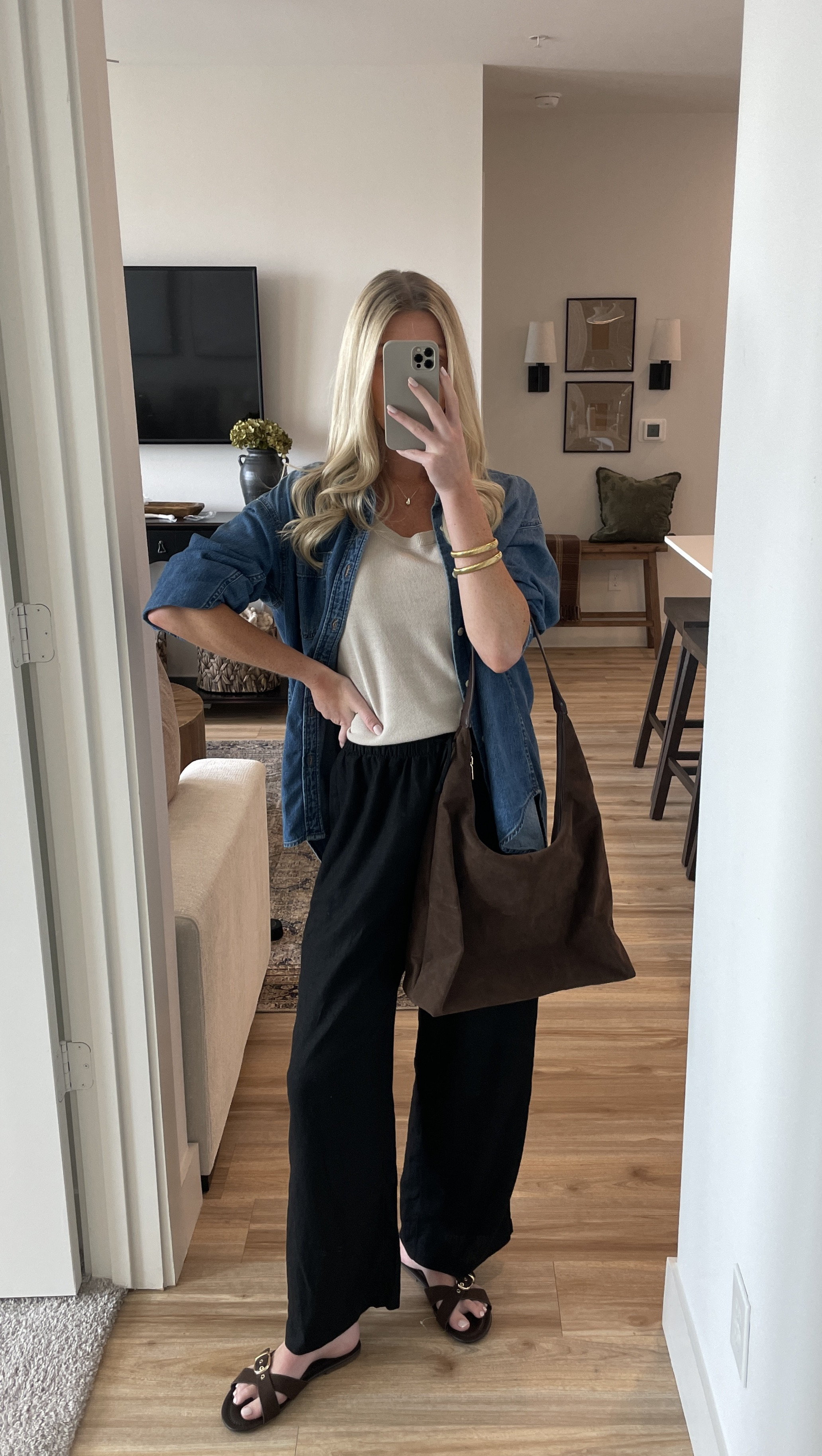 Casual denim outfit idea!
Ft: black linen pants, knit tank top, denim jacket, brown sandals, Amazon tote bag

Airport outfit, casual outfit, fall outfit, lounge outfit 
#fallfits #affordable #sandals #ootd #denim


#LTKSeasonal #LTKItBag #LTKStyleTip