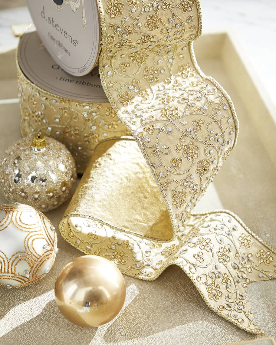 D. Stevens Metallic Jeweled Floral Garden Christmas Ribbon, 4"W x 10 Yards | Horchow