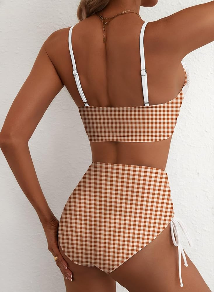 Herseas Women's Splice Ruffle Trim Bikini Sets Tie Side Swimsuits High Waisted Bathing Suits | Amazon (US)