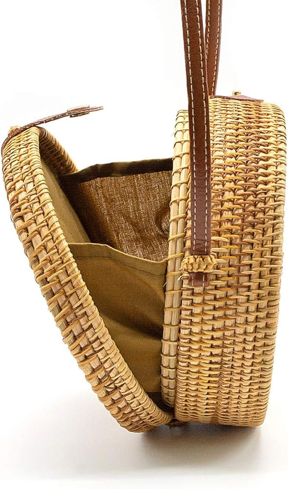 Handwoven Round Rattan Bag Women Beach Straw Crossbody Bag Chic Shoulder Bag with Leather Strap | Amazon (US)