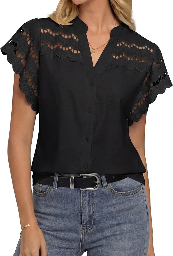 GRACE KARIN Womens Summer Tops Cotton Linen Eyelet Flowy Blouses Beach Vacation V Neck Button Dow... | Amazon (US)